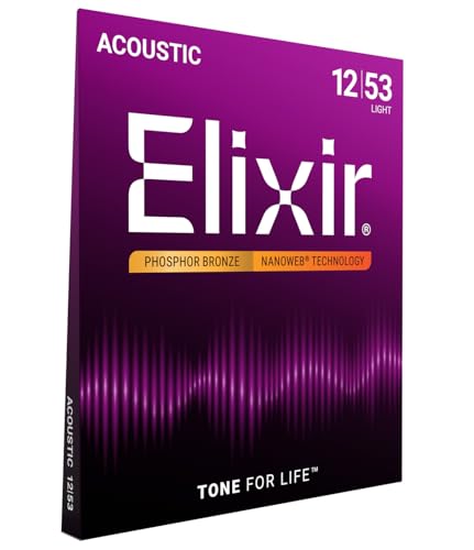 Elixir Strings, Acoustic Guitar Strings, Phosphor Bronze with NANOWEB Technology, Longest-Lasting Rich and Full Tone For Life with Comfortable Feel, 6 String Set, Light 12-53