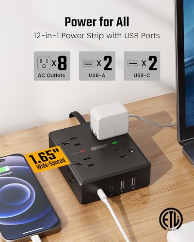 10Ft Extension Cord with Multiple Outlets, Flat Plug Surge Protector Power Strip 10 Ft Long Cord, 8 Outlets & 4 USB Ports (2 USB C), Desk Charging Station for Home Office, College Dorm Room Essentials