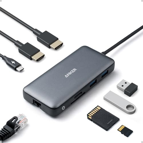 Anker Laptop Docking Station Dual Monitor, 8-in-1 USB C Hub, 4K Dual Monitor with 2 HDMI, 1 Gbps Ethernet Hub, 85W Power Delivery, SD Card Reader, for XPS and More (Charger not Included)