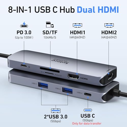 USB C Docking Station Dual HDMI Monitor, USB C to Dual HDMI Adapter with 2HDMI Ports, PD Charging, SD/microSD, USB A&C 3.0 Ports, Laptop Docking Station for Dell XPS/HP/Lenovo/Surface/Yoga etc