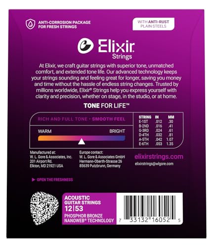 Elixir Strings, Acoustic Guitar Strings, Phosphor Bronze with NANOWEB Technology, Longest-Lasting Rich and Full Tone For Life with Comfortable Feel, 6 String Set, Light 12-53