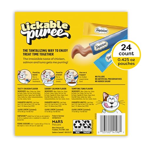 Temptations Creamy Puree Squeezable Lickable Cat Treats, Wet Cat Treats with Chicken, Salmon, and Tuna Variety Pack, 0.42 oz. Tubes, 24 Count