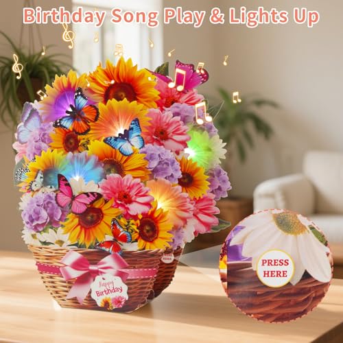 MZD8391 Birthday Cards with MUSIC & LIGHTS, Pop Up Happy Birthday Card, Sunflower & Butterfly, 10 Inch Life Sized Forever Flower Bouquet Gifts for Women Mom Grandma