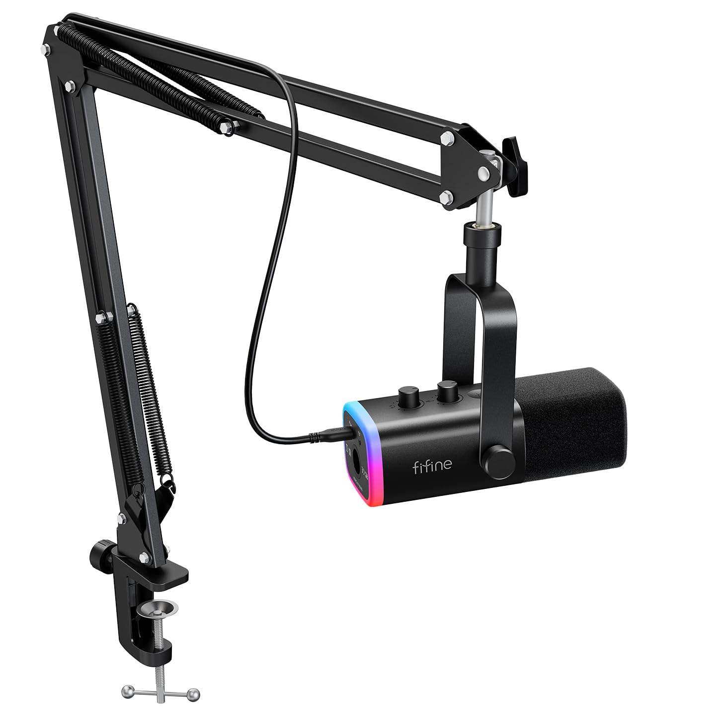 FIFINE XLR/USB Gaming Microphone Set, Dynamic PC Mic for Streaming Podcasting, Computer RGB Mic Kit with Boom Arm Stand, Mute