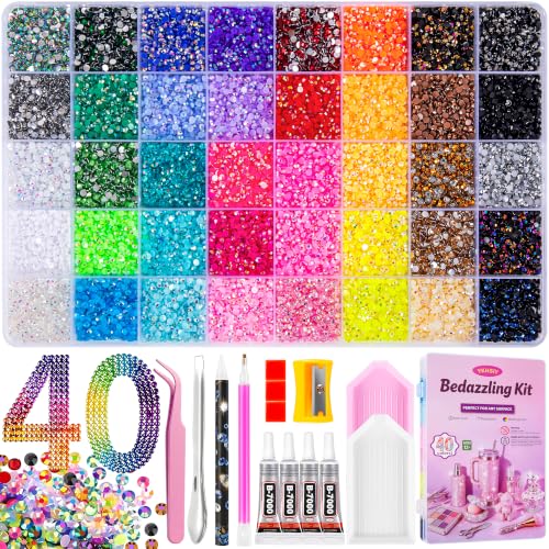 Bedazzling Kit 40000Pcs 40 Colors Resin Jelly Rhinestones, Multicolor 3mm Flatback Gems for Diamond Art, Bedazzler Kit with 4Pcs 10ml B7000 Jewelry Glue & Tools - Christmas Birthday Gifts for Women