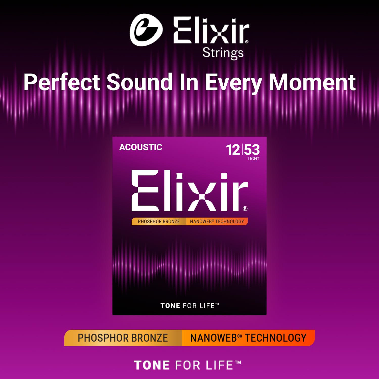 Elixir Strings, Acoustic Guitar Strings, Phosphor Bronze with NANOWEB Technology, Longest-Lasting Rich and Full Tone For Life with Comfortable Feel, 6 String Set, Light 12-53