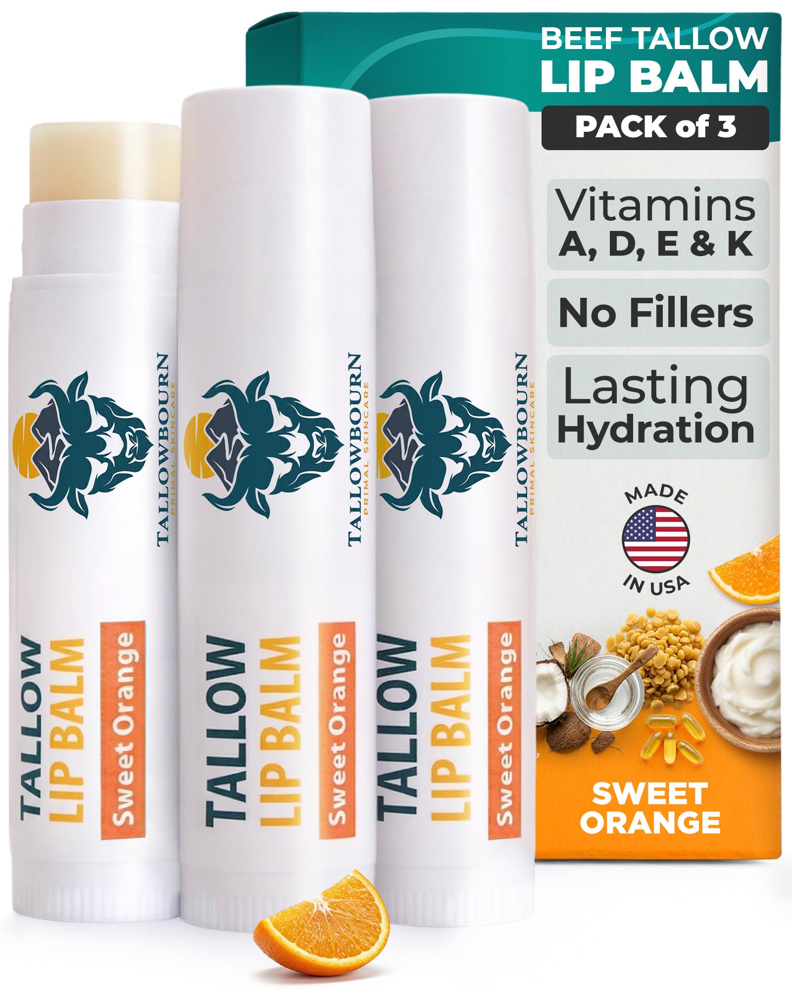 Tallowbourn Moisturizing Tallow Lip Balm – Grass-Fed Beef Tallow with Organic Coconut Oil, Beeswax, and Vitamin E – Sweet Ora