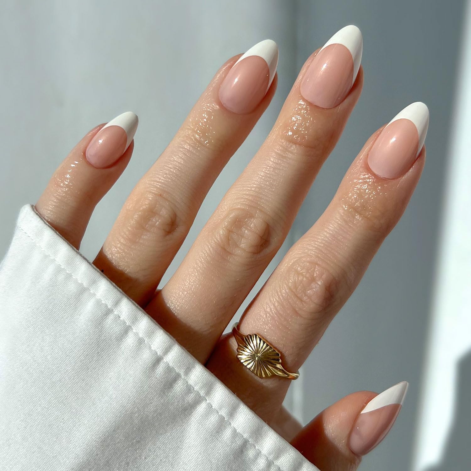 Glamnetic Press On Nails - MaDamn | French Tip UV Finish Short Pointed Almond Fake Nails, Salon Quality Semi-Transparent Nail