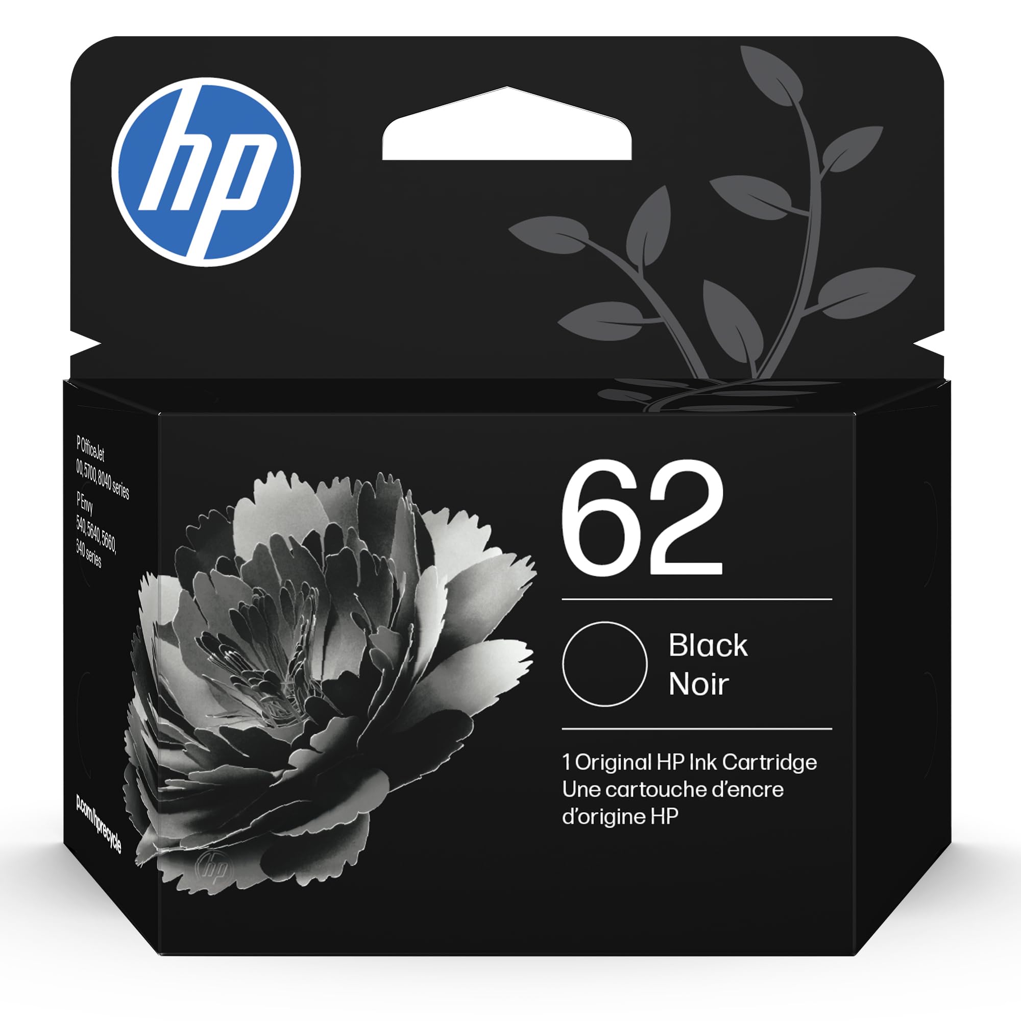 HP 62 Black Ink Cartridge | Works with Envy 5540, 5640, 5660, 7640, OfficeJet 5740, 8040, Mobile 200, 250 | C2P04AN | Packagi