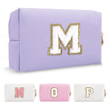 Personalized Makeup Bag Initial A-Z Preppy Patch Bag,Small PU Leather Travel Cosmetic Bag Pouch with Zipper,Purple Cute Toile