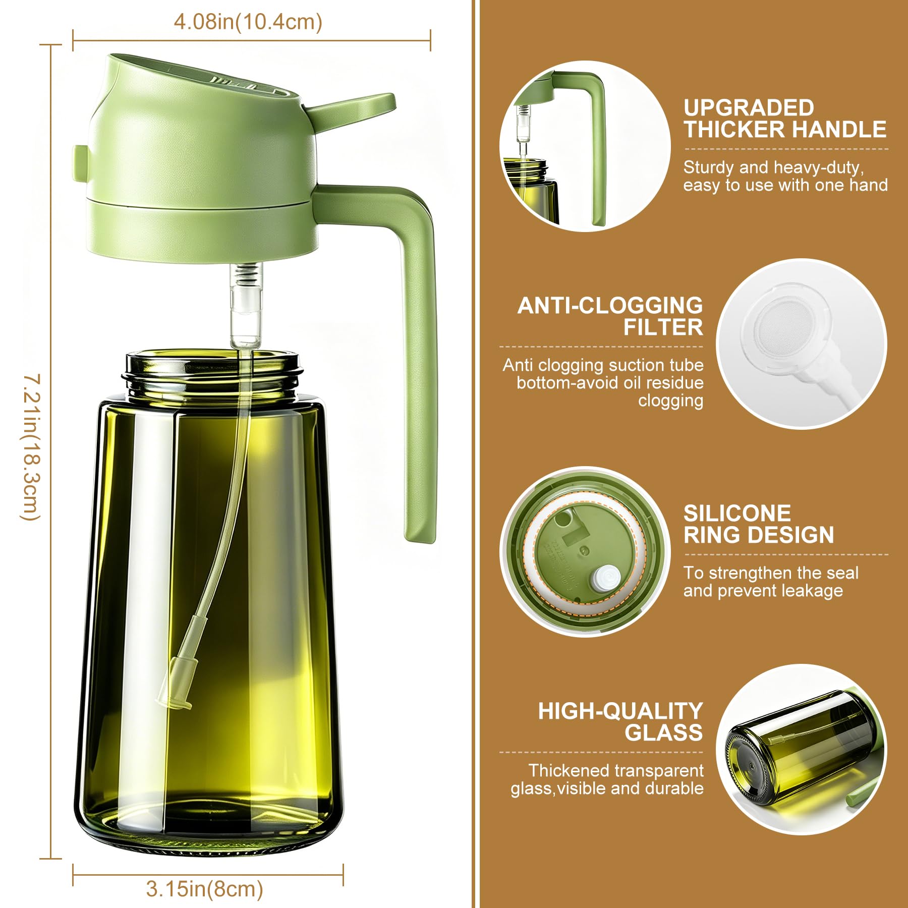 Poshetion 2 in 1 Olive Oil Sprayer for Cooking, 16oz Light-Proof Oil Dispenser for Kitchen, Leak-Proof Oil Spray Bottle for Air Fryer, Salad, BBQ, Baking, Grilling - Black & Green