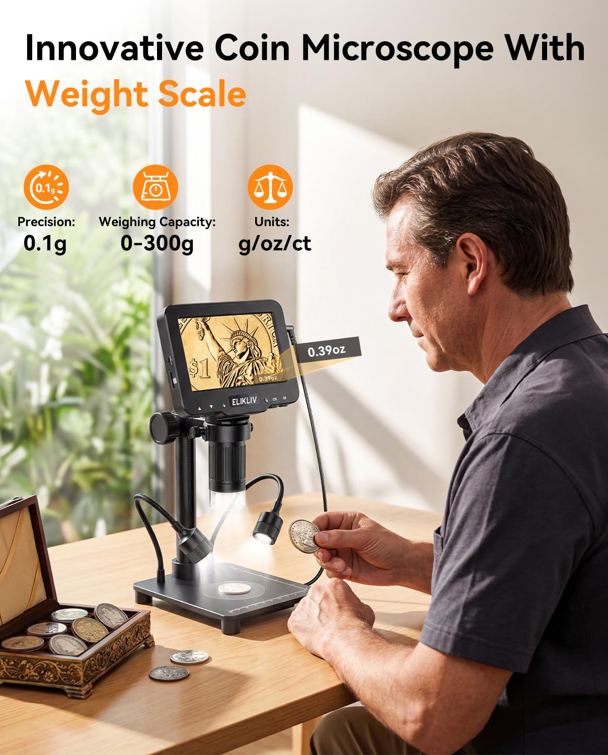 Elikliv Microscope with Weighing Scale, Digital Magnifier for Error Coins, Jewelry Magnifying Glass with Lights, 4.3" LCD Screen 12MP Camera 1080P Video USB PC View for Adults Collectors Supplies