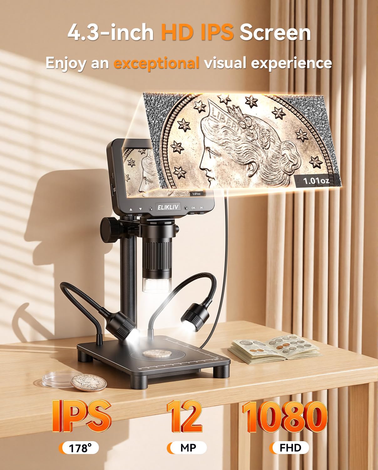 Elikliv Microscope with Weighing Scale, Digital Magnifier for Error Coins, Jewelry Magnifying Glass with Lights, 4.3" LCD Screen 12MP Camera 1080P Video USB PC View for Adults Collectors Supplies
