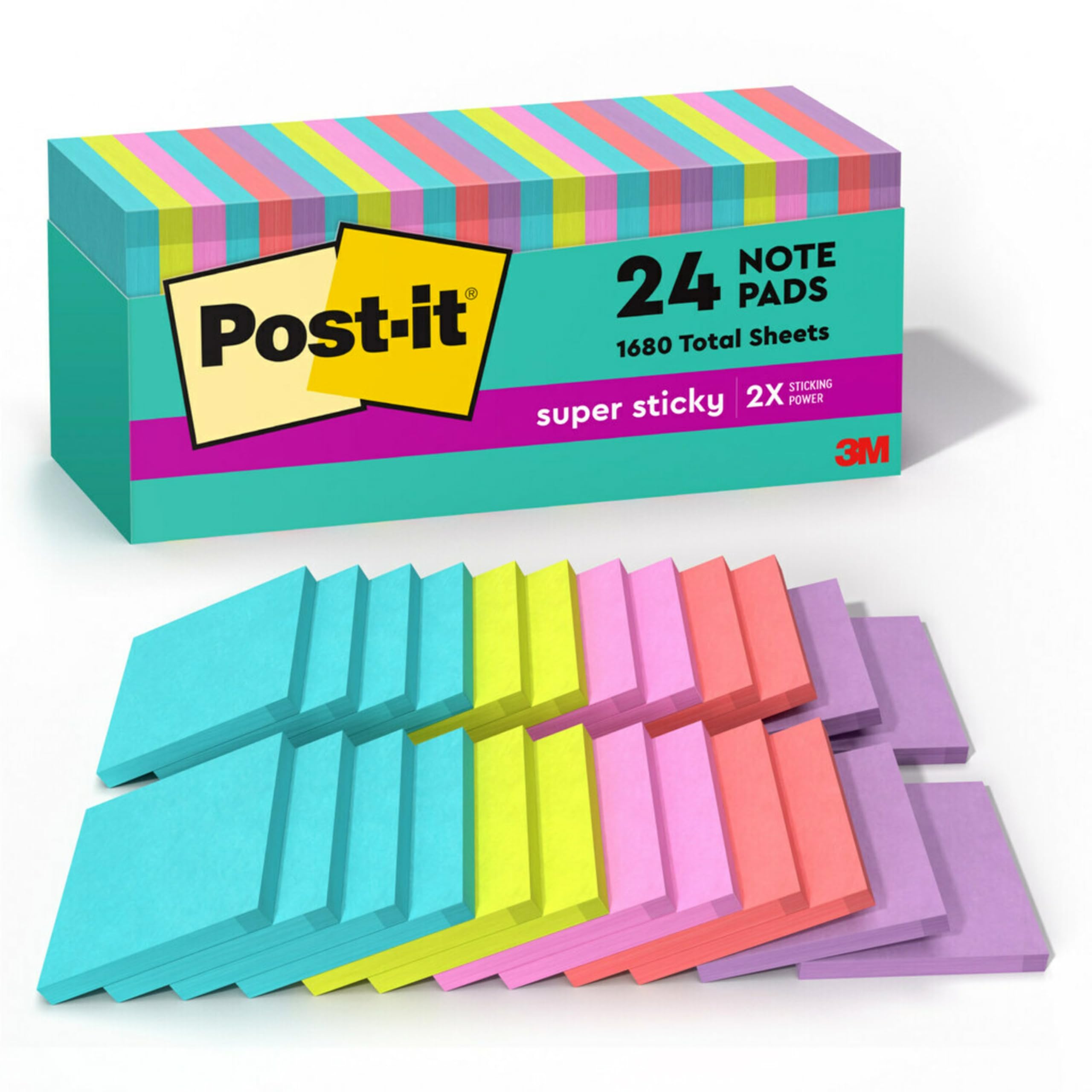 Post-it Super Sticky Notes, 24 Sticky Note Pads, 3 x 3 in., Back to School Supplies, Office Products, 2X the Sticking Power, Supernova Neons Collection