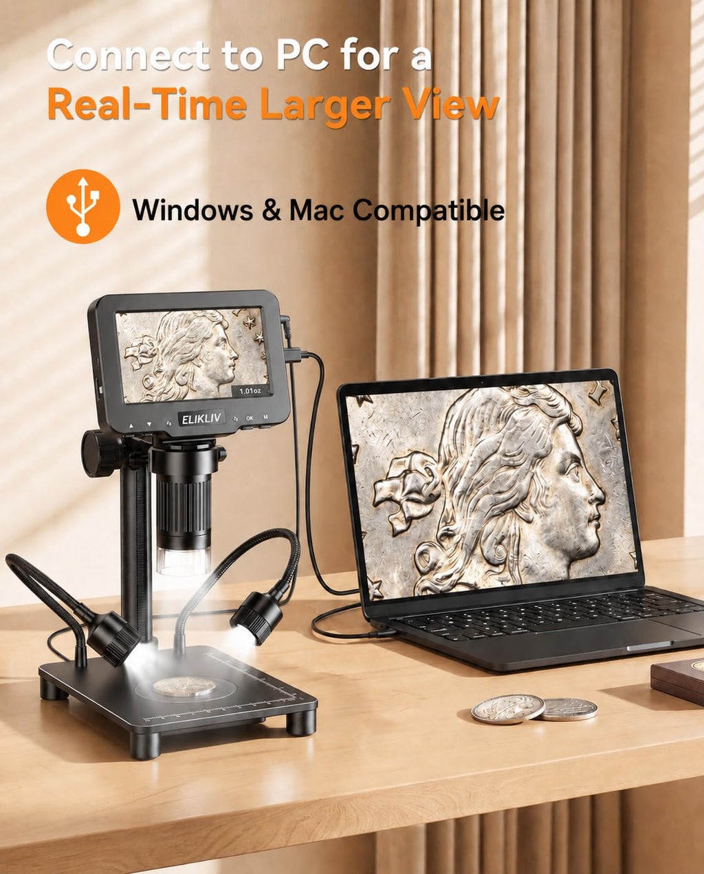 Elikliv Microscope with Weighing Scale, Digital Magnifier for Error Coins, Jewelry Magnifying Glass with Lights, 4.3" LCD Screen 12MP Camera 1080P Video USB PC View for Adults Collectors Supplies