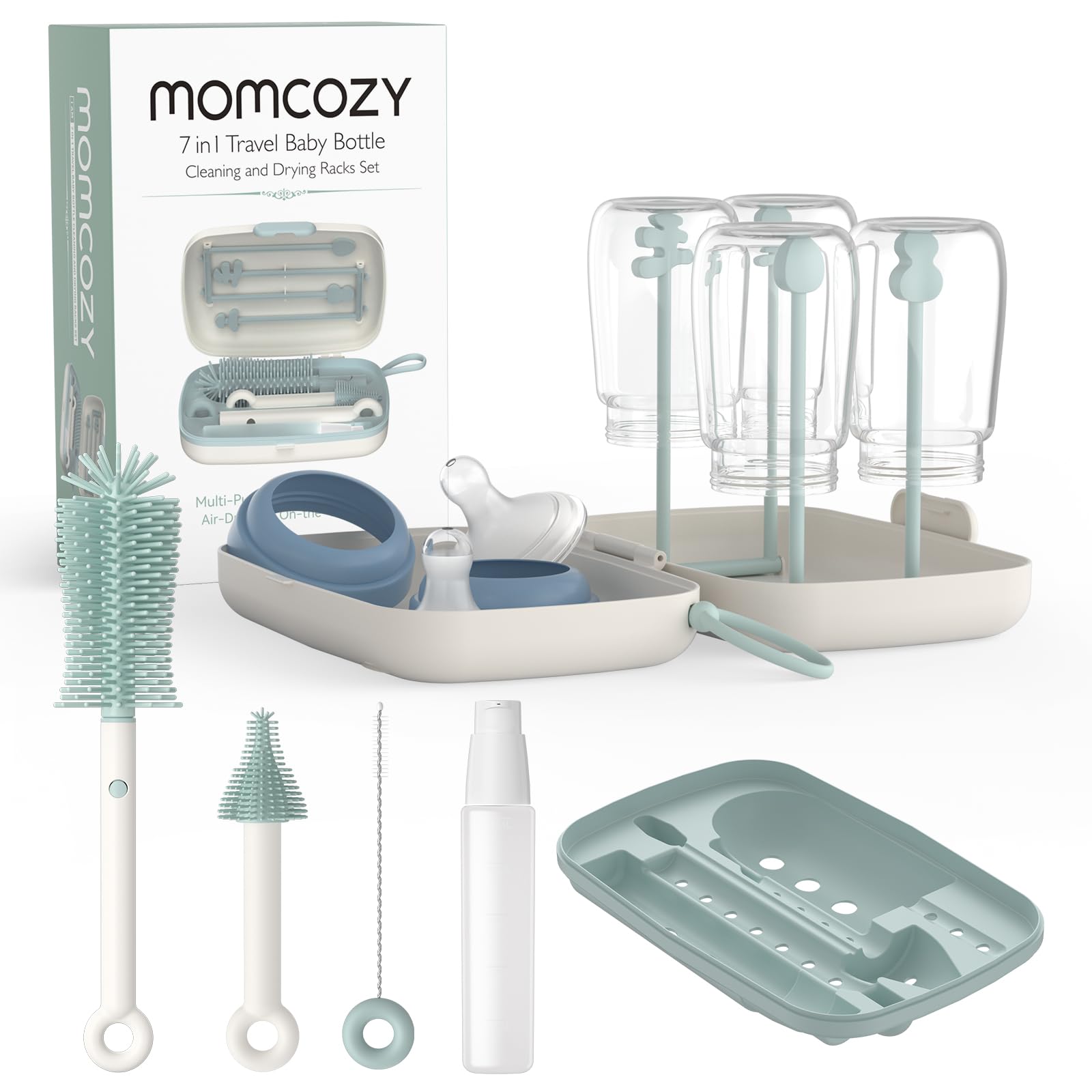 Momcozy Bottle Brush Set - Baby Bottle Cleaner Kit with Silicone Brush, Nipple Brush, Straw Brush, Soap Dispenser, Drying Rac