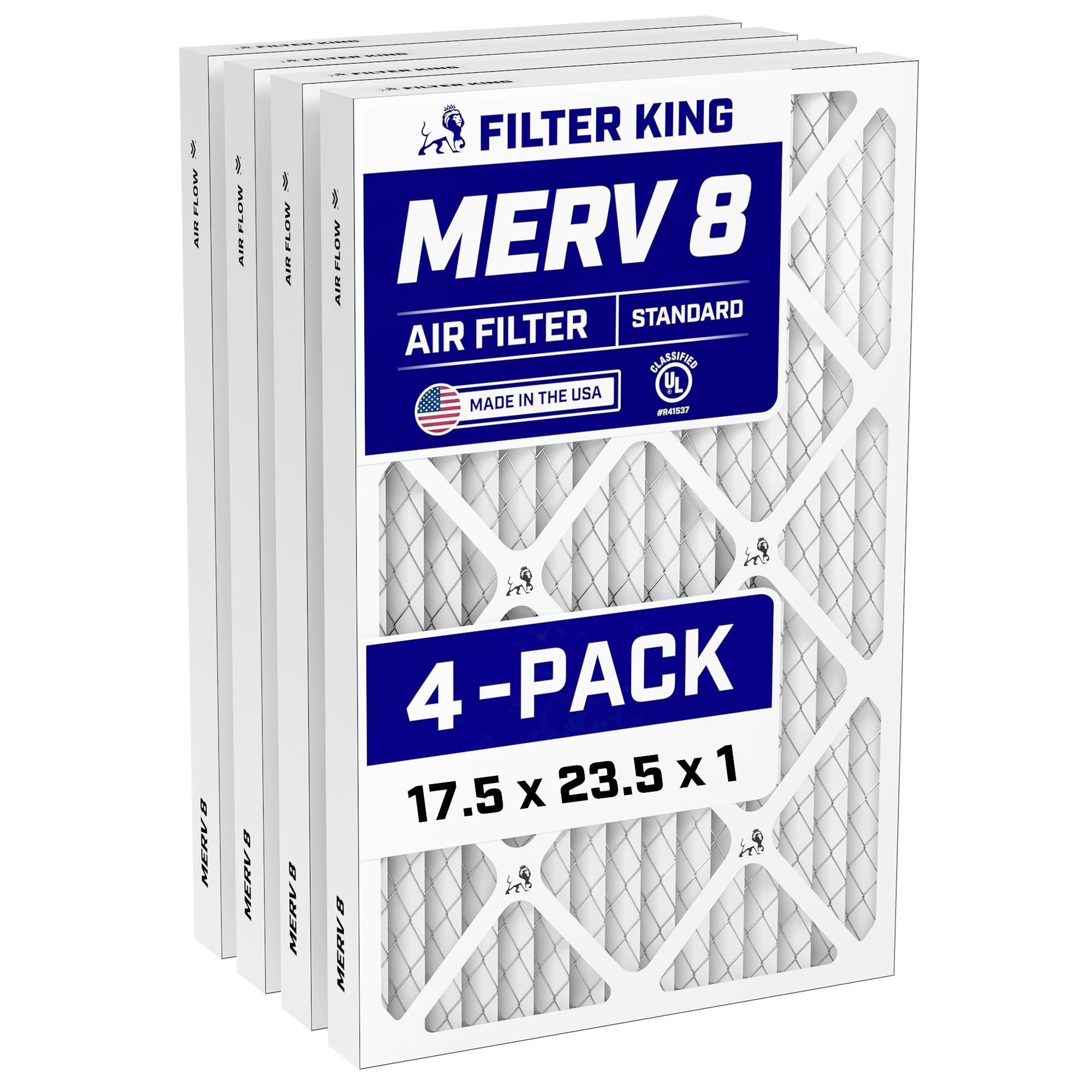 Filter King 17.5x23.5x1 Air Filter (MERV 8) (4-Pack) Dust & Allergy Control AC Furnace Filters, MADE IN USA, HVAC, Pleated, E
