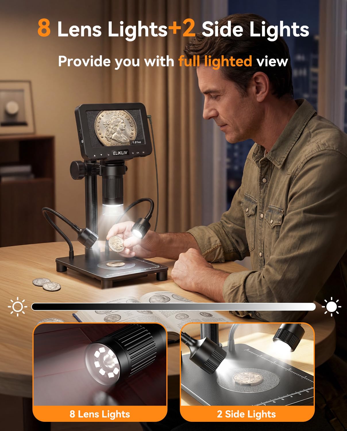 Elikliv Microscope with Weighing Scale, Digital Magnifier for Error Coins, Jewelry Magnifying Glass with Lights, 4.3" LCD Screen 12MP Camera 1080P Video USB PC View for Adults Collectors Supplies