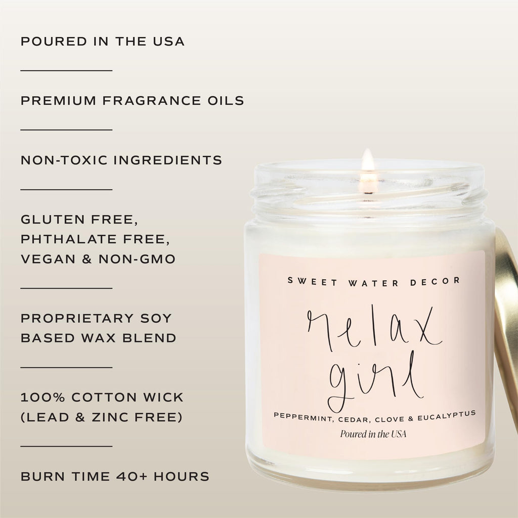 Sweet Water Decor Relax Girl, Peppermint, Cedar, Clove, and Eucalyptus Scented Soy Wax Candle for Home | 9oz Clear Jar, 40 Hour Burn Time, Non Toxic, Made in the USA