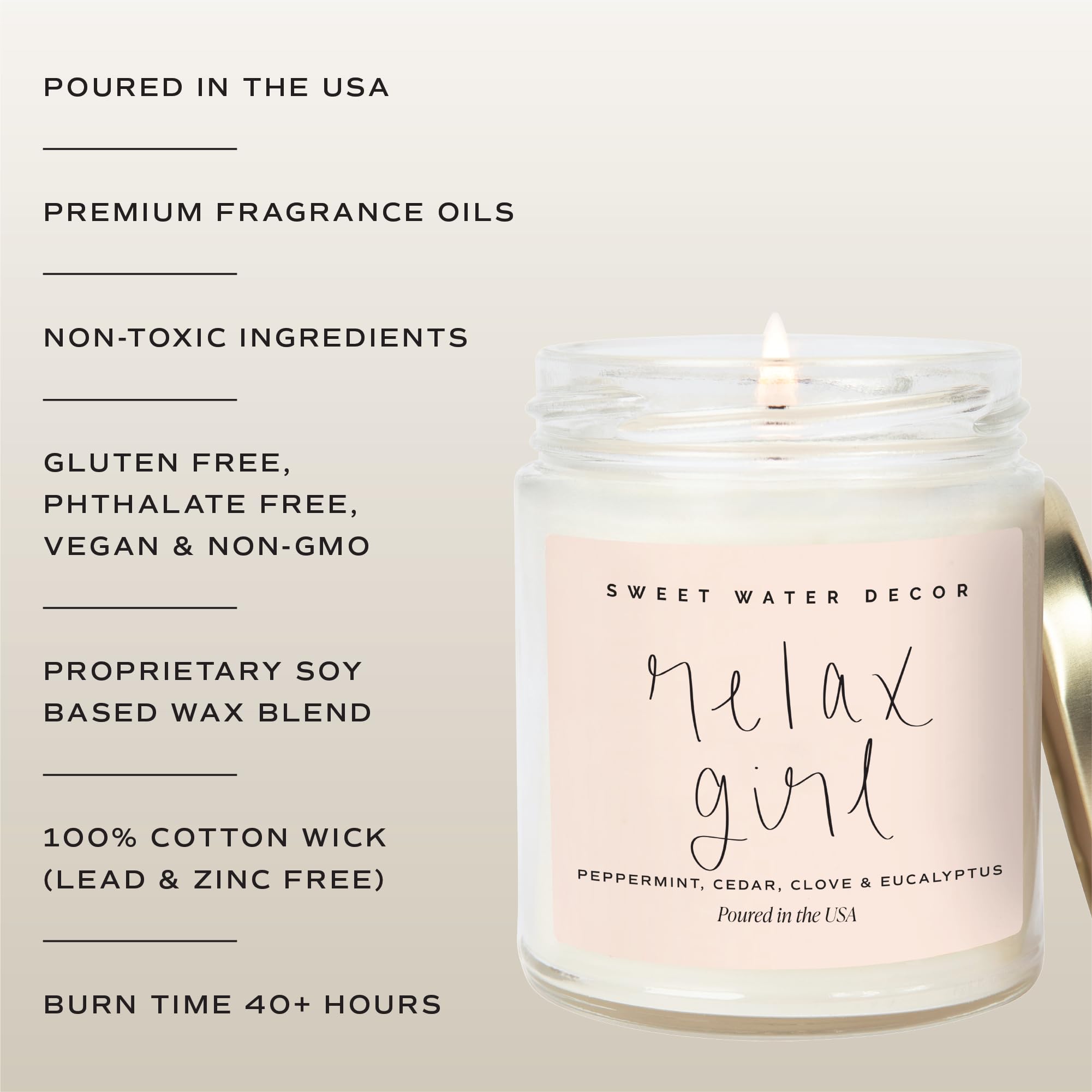 Sweet Water Decor Relax Girl, Peppermint, Cedar, Clove, and Eucalyptus Scented Soy Wax Candle for Home | 9oz Clear Jar, 40 Hour Burn Time, Non Toxic, Made in the USA