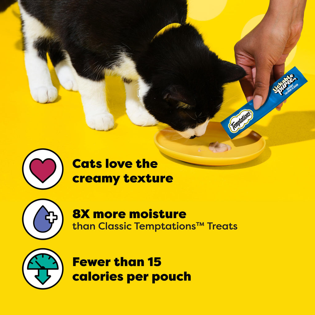 Temptations Creamy Puree Squeezable Lickable Cat Treats, Wet Cat Treats with Chicken, Salmon, and Tuna Variety Pack, 0.42 oz. Tubes, 24 Count