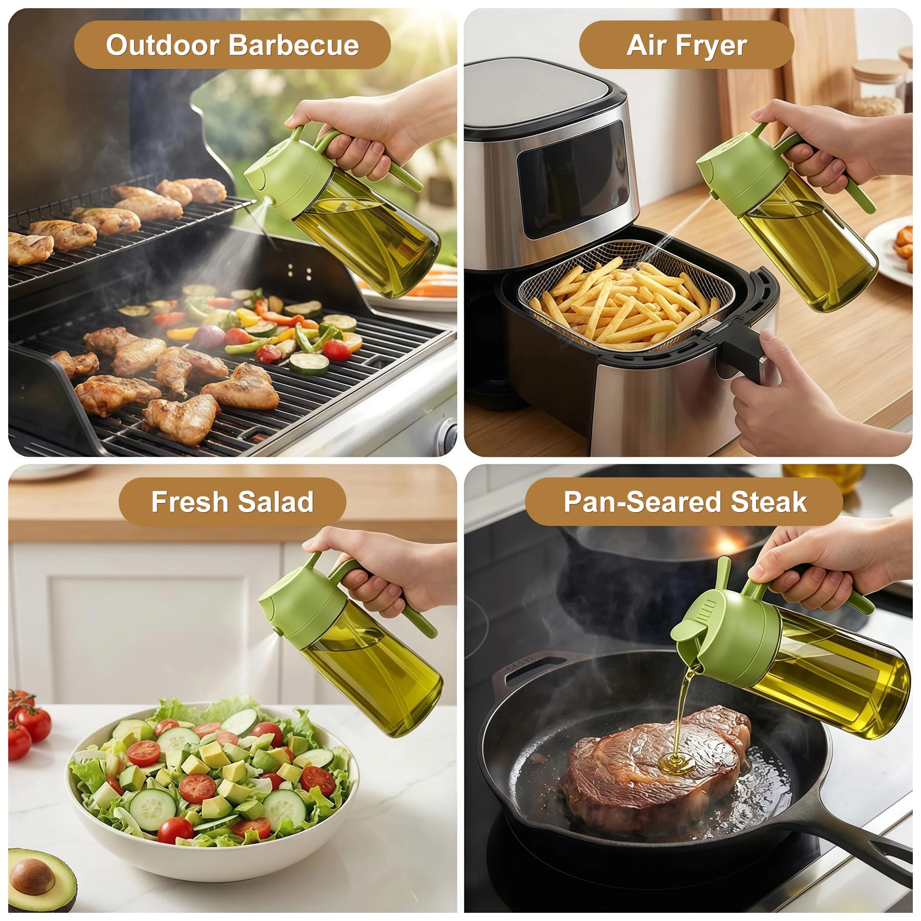 Poshetion 2 in 1 Olive Oil Sprayer for Cooking, 16oz Light-Proof Oil Dispenser for Kitchen, Leak-Proof Oil Spray Bottle for Air Fryer, Salad, BBQ, Baking, Grilling - Black & Green