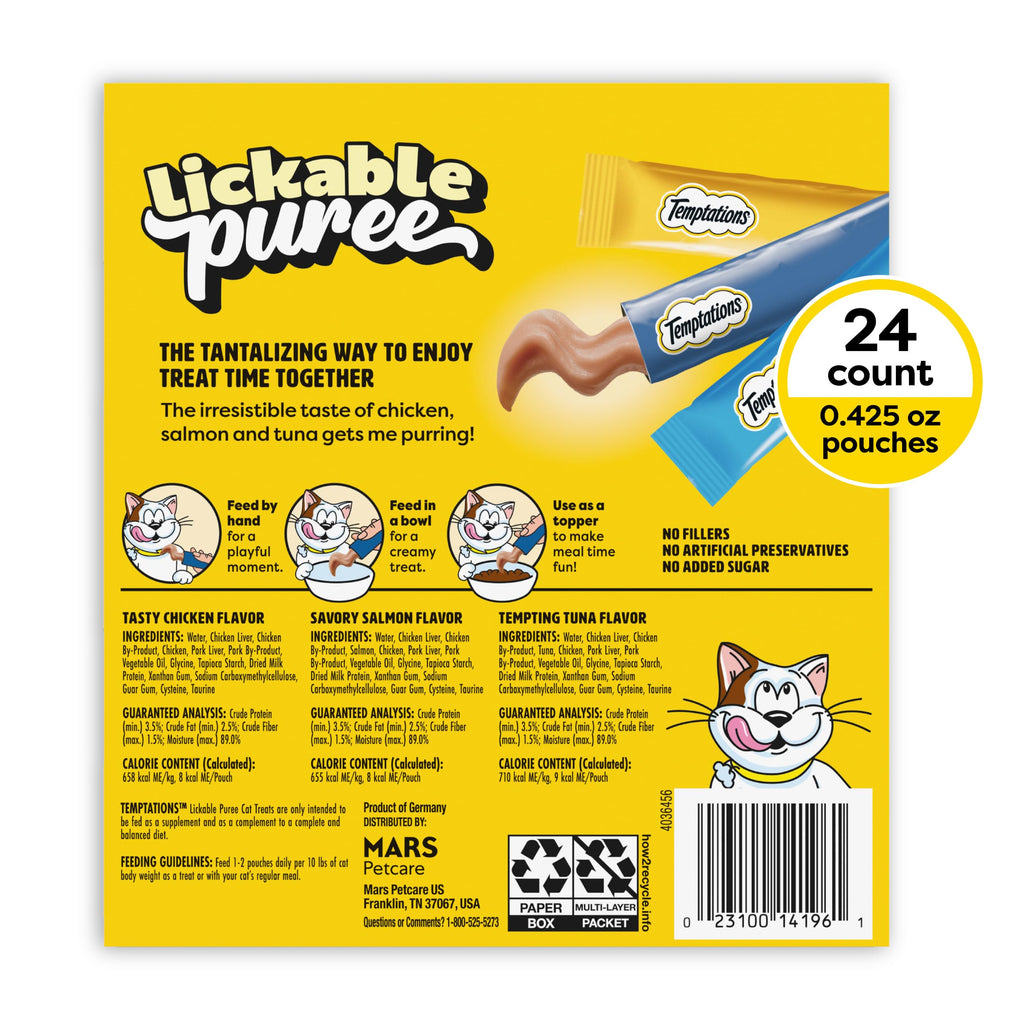 Temptations Creamy Puree Squeezable Lickable Cat Treats, Wet Cat Treats with Chicken, Salmon, and Tuna Variety Pack, 0.42 oz. Tubes, 24 Count