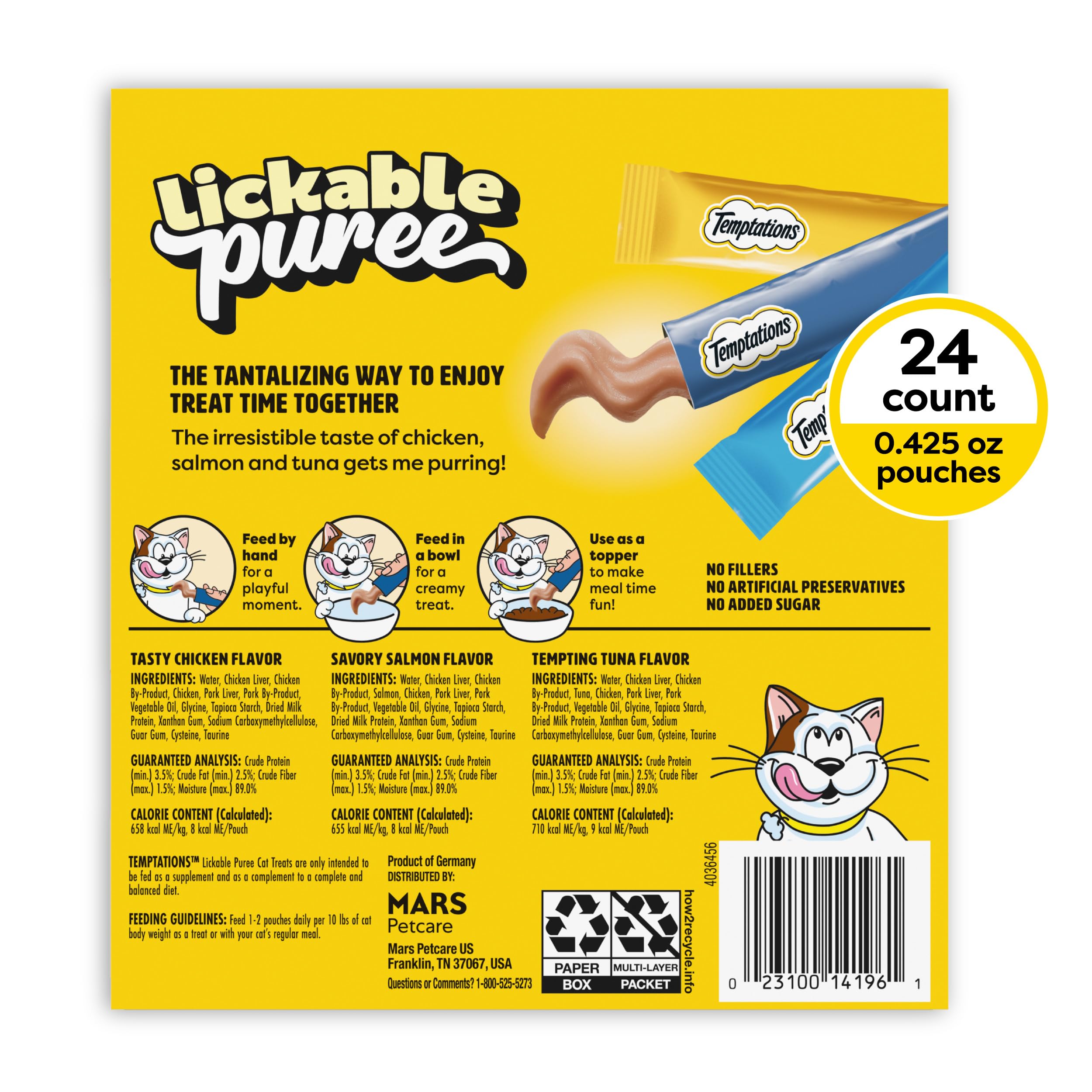 Temptations Creamy Puree Squeezable Lickable Cat Treats, Wet Cat Treats with Chicken, Salmon, and Tuna Variety Pack, 0.42 oz. Tubes, 24 Count