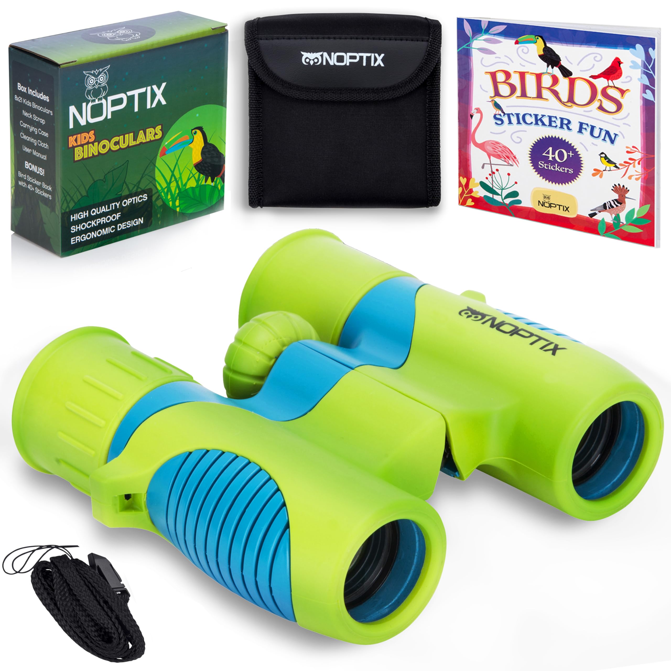 Binoculars for Kids, Girls or Boys Real Kids Binoculars in Vibrant Green Blue - Includes Sticker Book with 40 Bird Species -