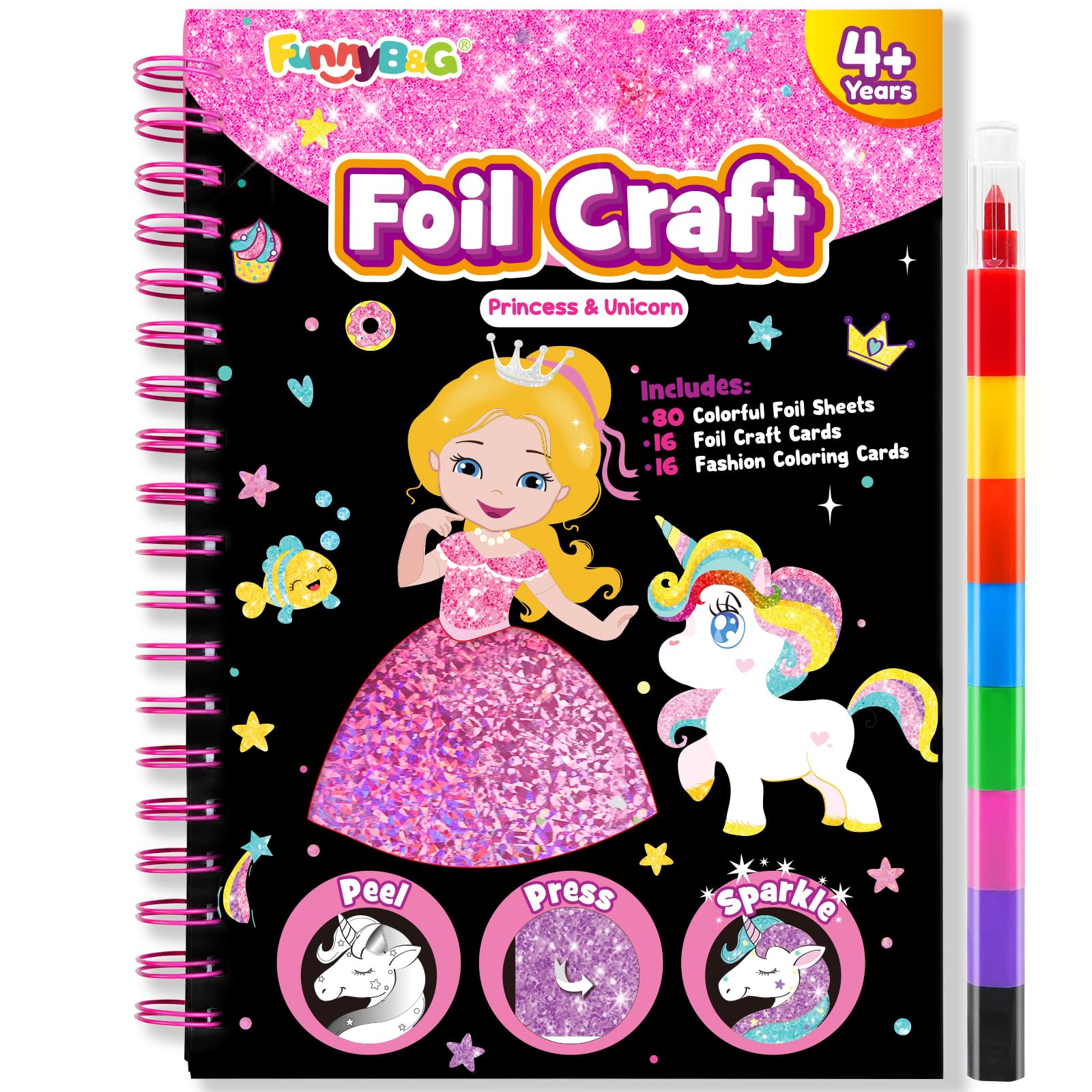 FUNNYB&G Foil Art Craft Kit for Girls 4-10 Years Old: Mess-Free & No-Glue, Create 16 Sparkly Princess Unicorn Pictures – Perf