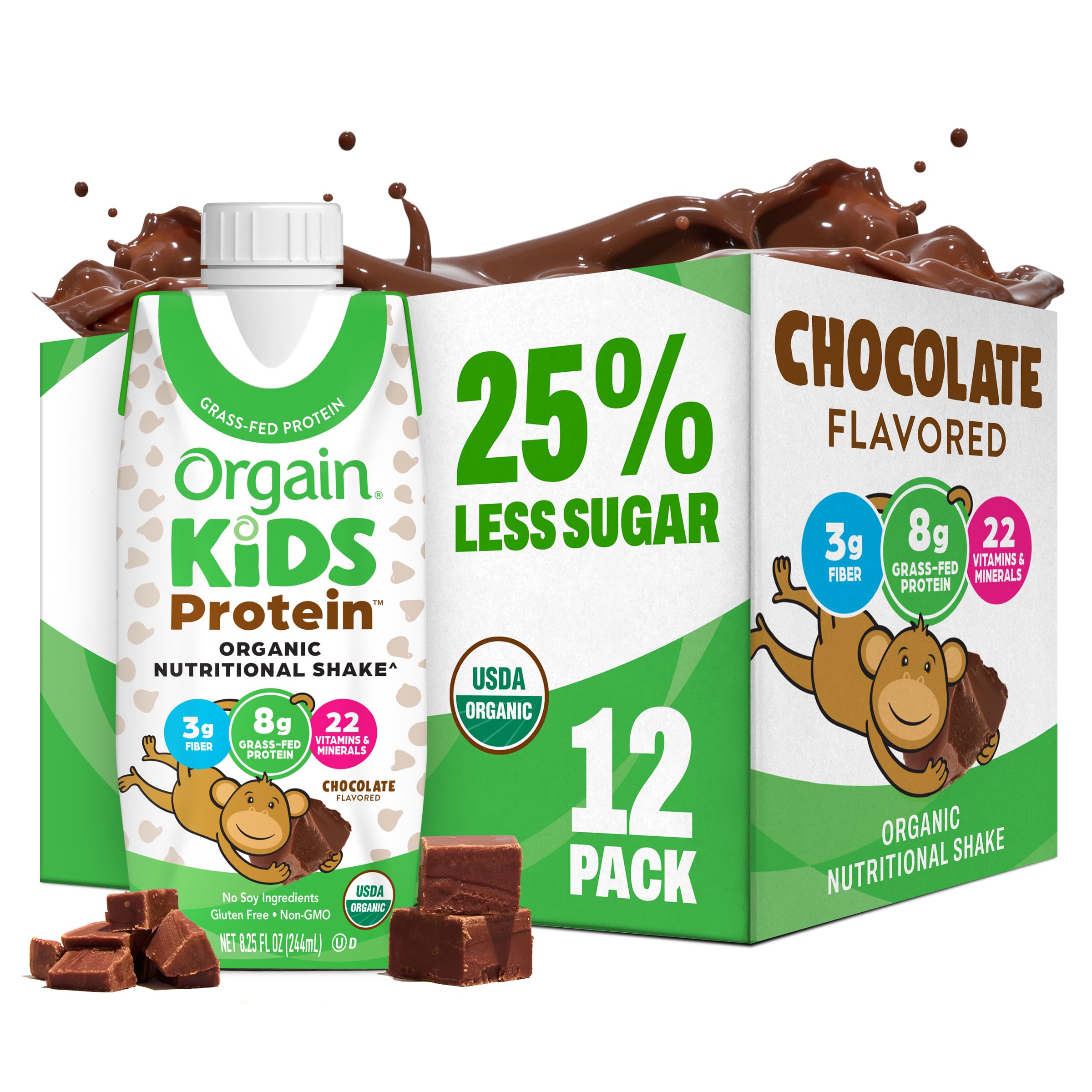 Orgain Organic Kids Nutritional Dairy Protein Shakes, Chocolate, Healthy Kids Snacks, 8g Grass-Fed Protein, 3g Fiber, 22 Vita