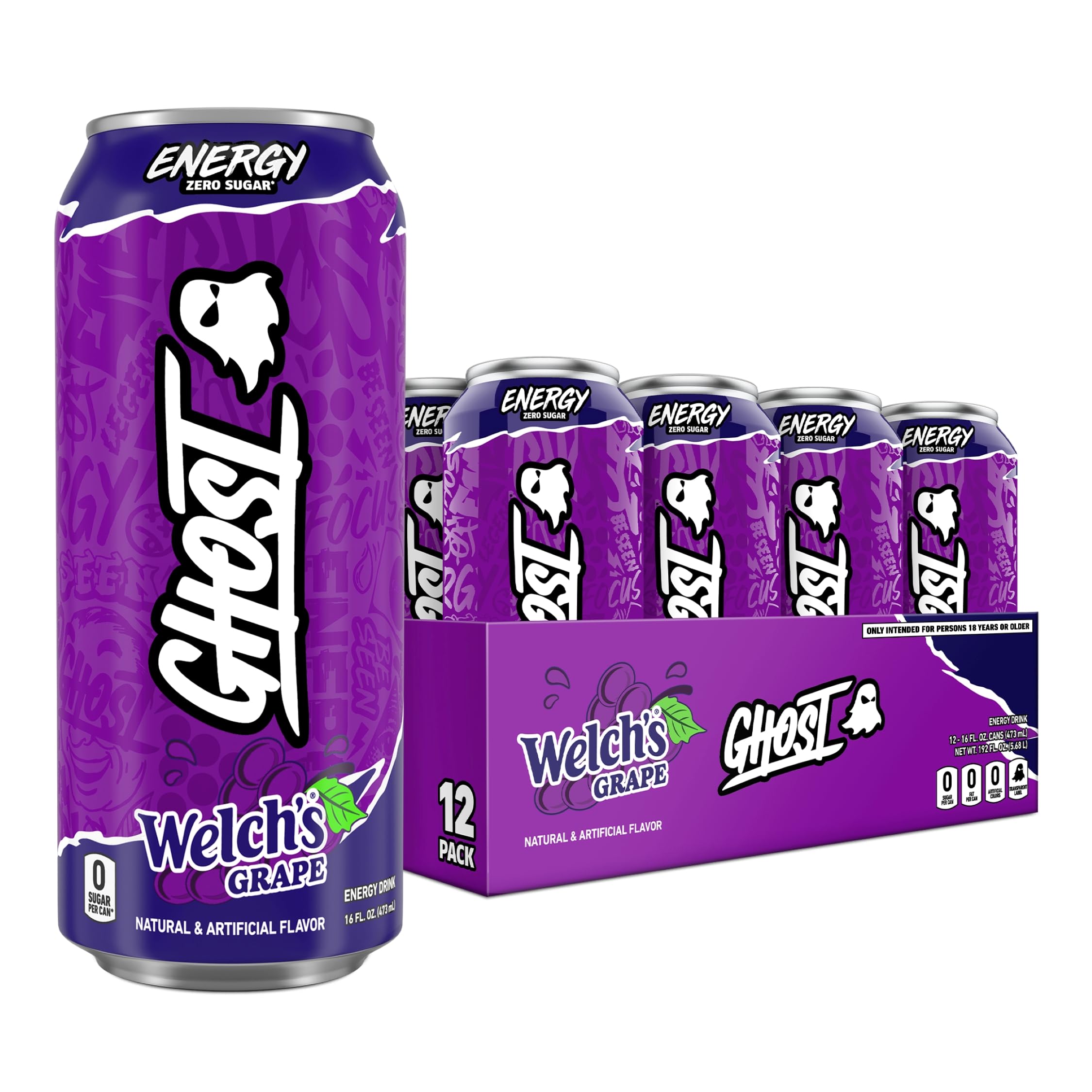GHOST Energy Drink - 12-Pack, Welch's Grape, 16oz Cans - Energy & Focus & No Artificial Colors - 200mg of Natural Caffeine, L