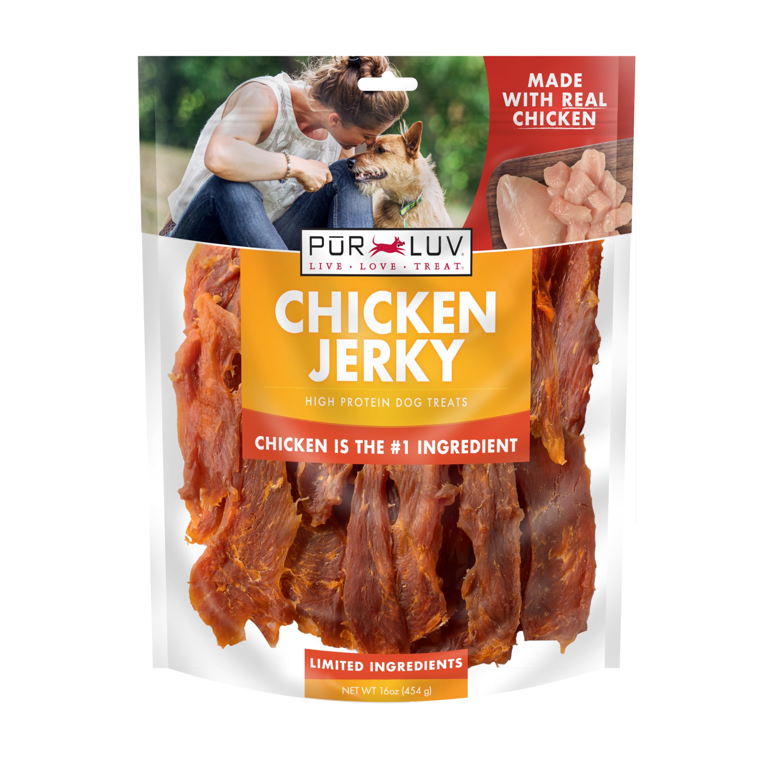 Pur Luv Chicken Jerky Dog Treats, Made with 100% Real Chicken Breast, 16 Ounces, Healthy, Easily Digestible, Long-Lasting, Hi
