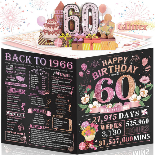 Aiunmiol 60th Birthday Card for Women Her, Large 3D Pop Up 60th Birthday cards for Wife Mom, Happy 60 Year Old Birthday Decor