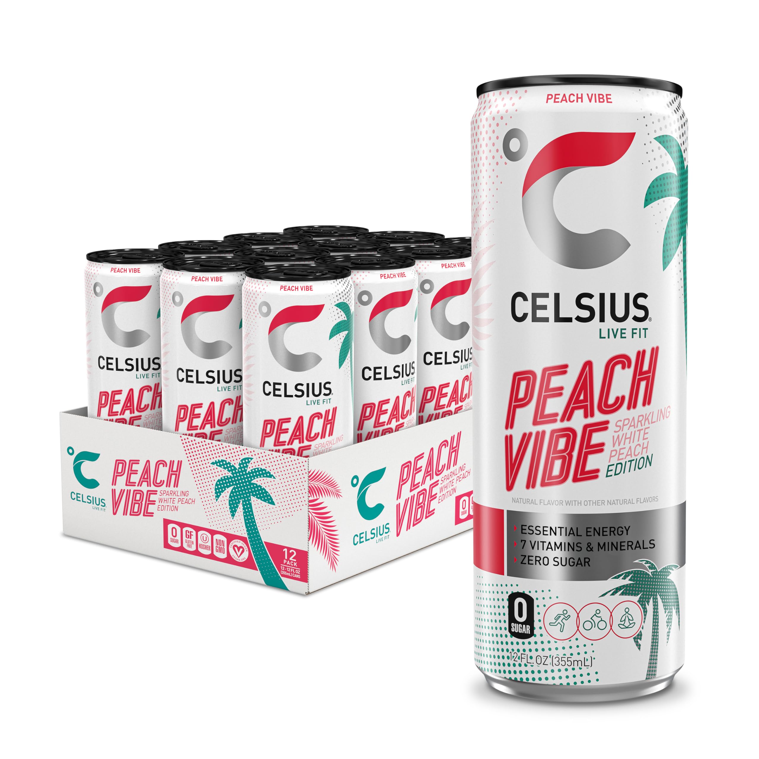 CELSIUS PEACH VIBE Sparkling White Peach, Sugar Free Energy Drink, 12 Fl Oz (Pack of 12)