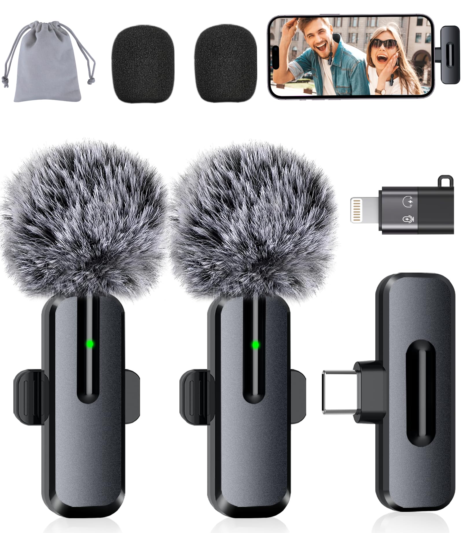 Wireless Mini Microphone for iPhone, Android - 2 Pack Lavalier Microphone for Video Recording, 2 In 1 Noise Reduction Lapel M