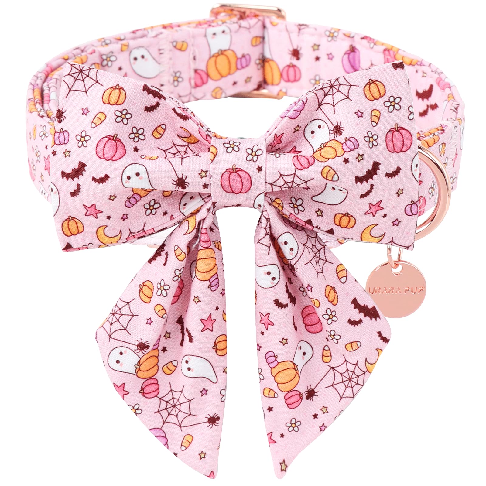 UP URARA PUP Halloween Dog Collar with Pink Floral Bowtie, Premium Cotton, Sturdy Metal Buckle, S Size for Small Dogs