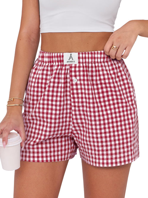 ANRABESS Boxer Shorts for Women Gingham Pajama 2026 Summer Casual Lounge Sleep Plaid Shorts Y2K Beach Bottoms