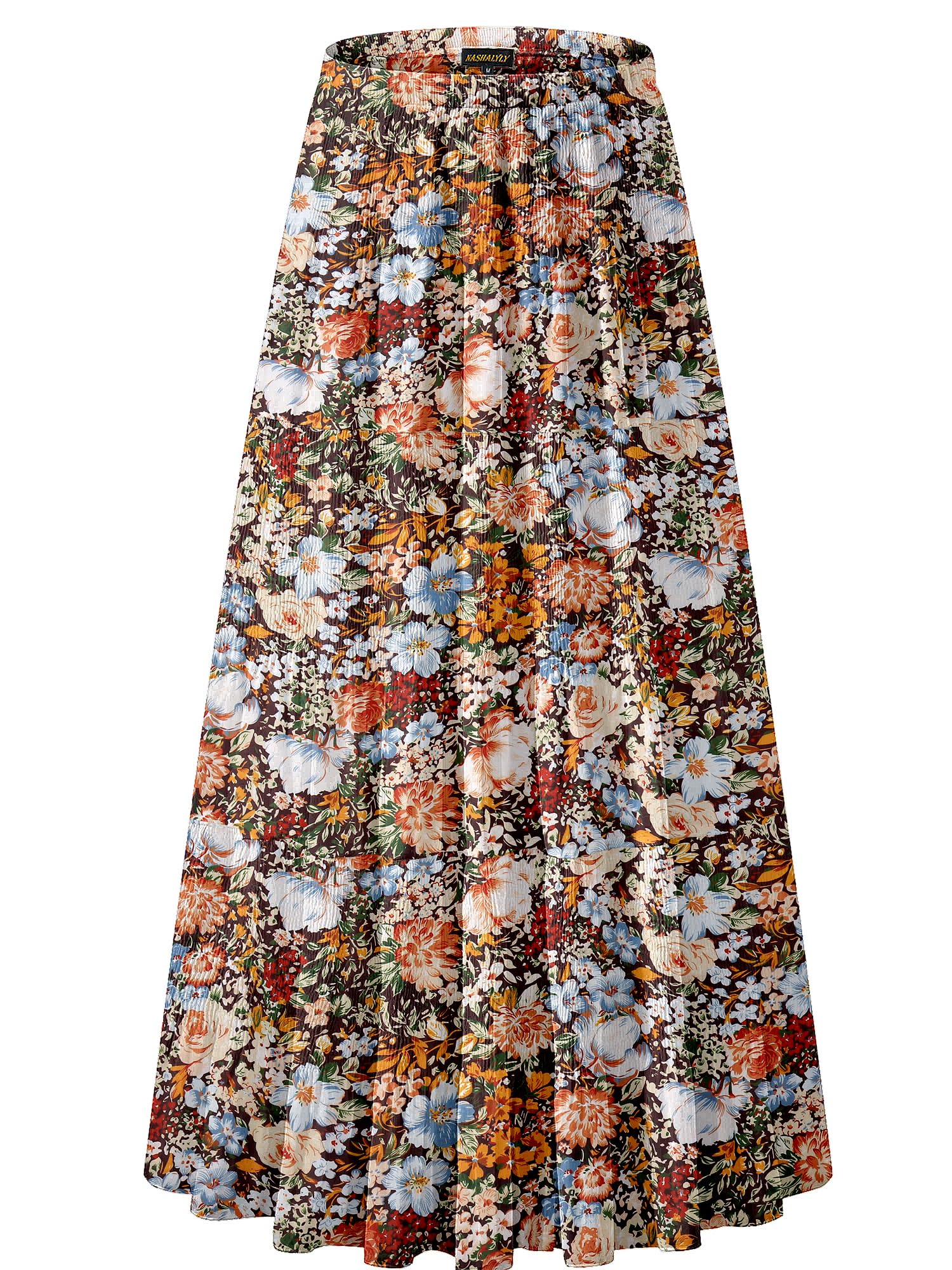 NASHALYLY Women's Chiffon Elastic High Waist Pleated A-Line Flared Maxi Skirts