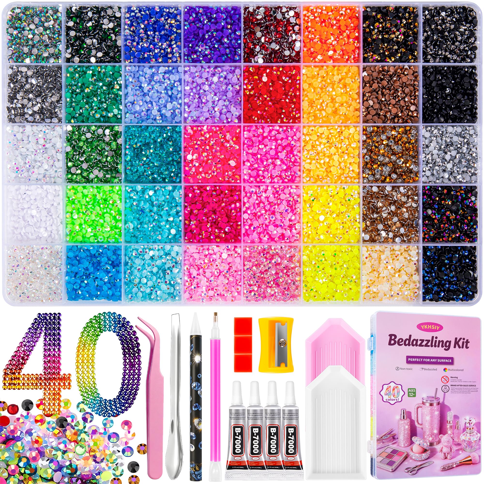 Bedazzling Kit 40000Pcs 40 Colors Resin Jelly Rhinestones, Multicolor 3mm Flatback Gems for Diamond Art, Bedazzler Kit with 4Pcs 10ml B7000 Jewelry Glue & Tools - Christmas Birthday Gifts for Women