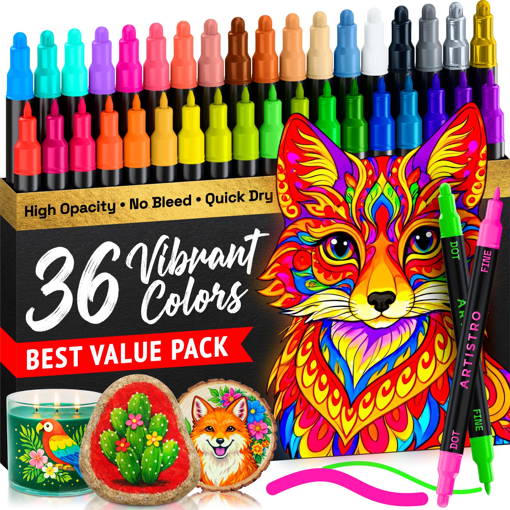 ARTISTRO 36 Precision Dual-Tip Acrylic Paint Markers – Paint Pens Set with Dot & Fine Tips for Fabric, Rock, Glass, Wood, Col